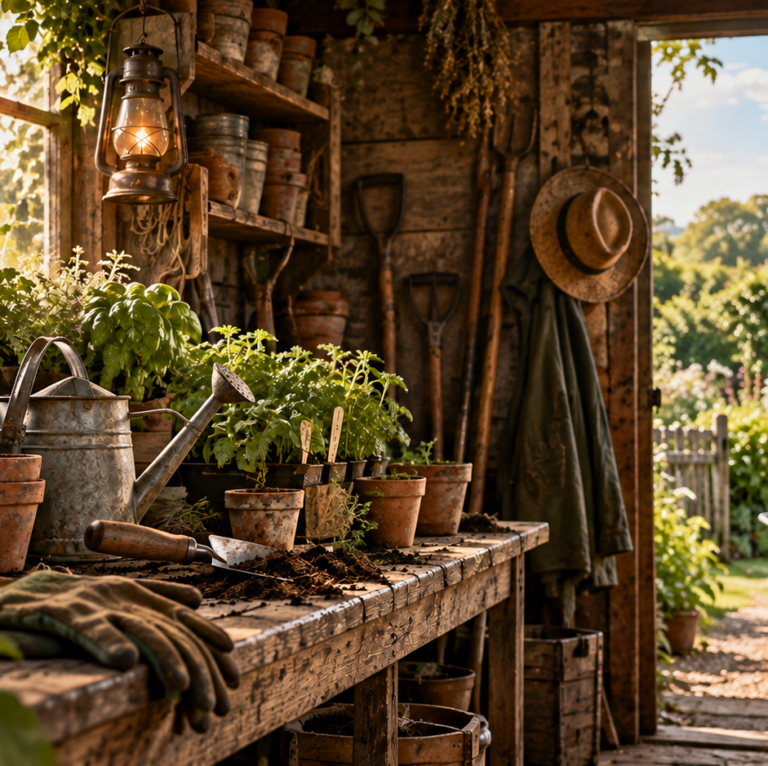 A rustic potting shed with clay pots, seedlings on the bench, garden tools and a hat hanging by the door