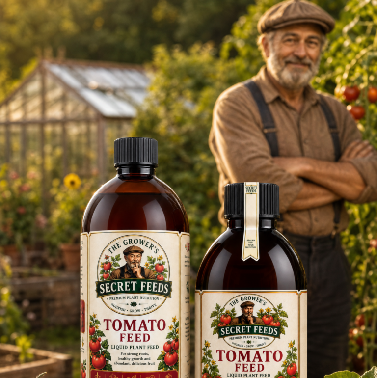 The Grower, arms folded, standing behind two bottles of Secret Feeds Tomato Feed in his garden