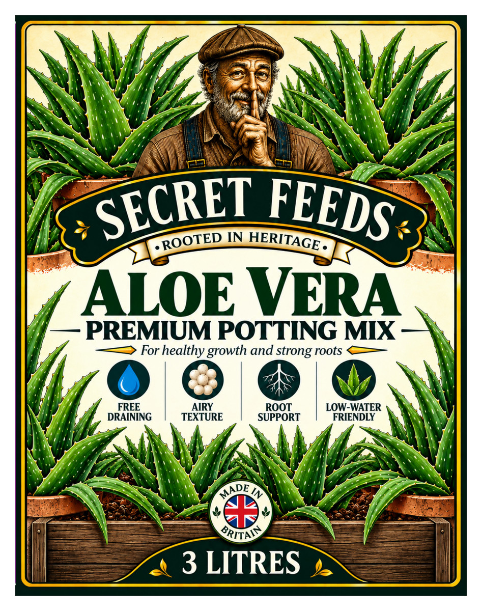 Front label of Secret Feeds Aloe Vera Soil, 3 litres