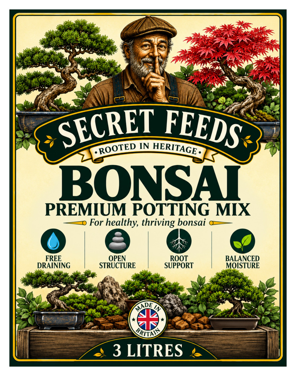 Front label of Secret Feeds Bonsai Soil, 3 litres