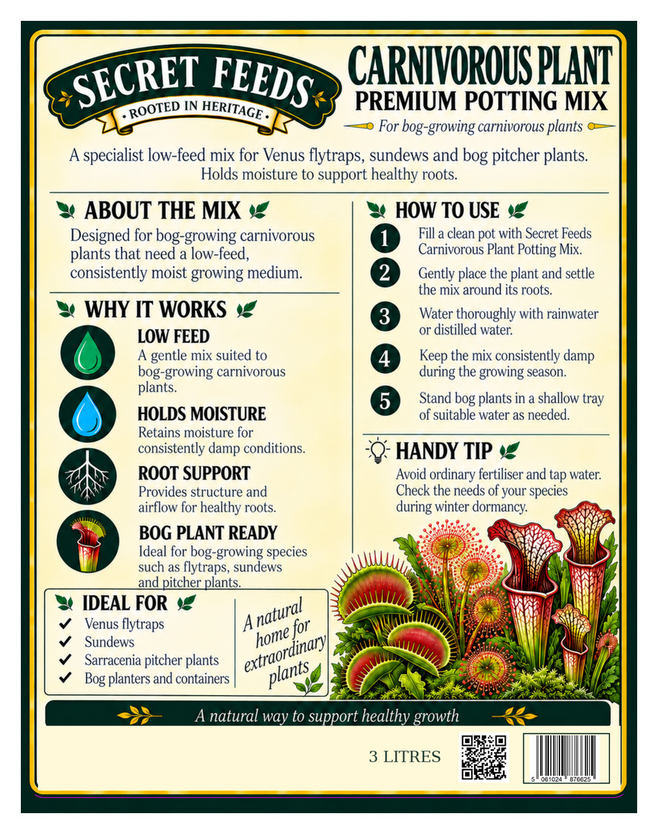 Secret Feeds Carnivorous Plant Soil 3 Litre pouch, rear label with directions