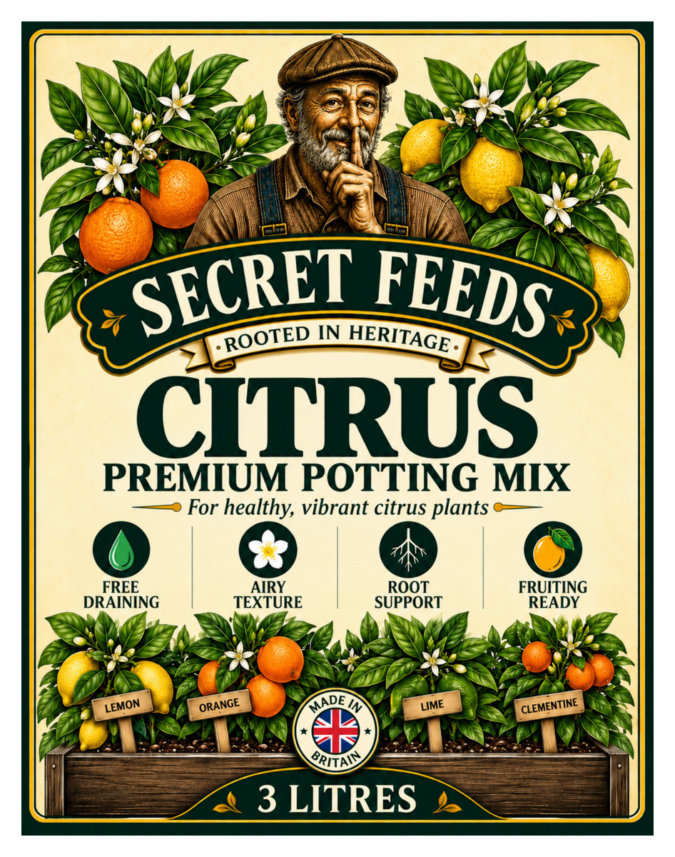 Front label of Secret Feeds Citrus Soil, 3 litres