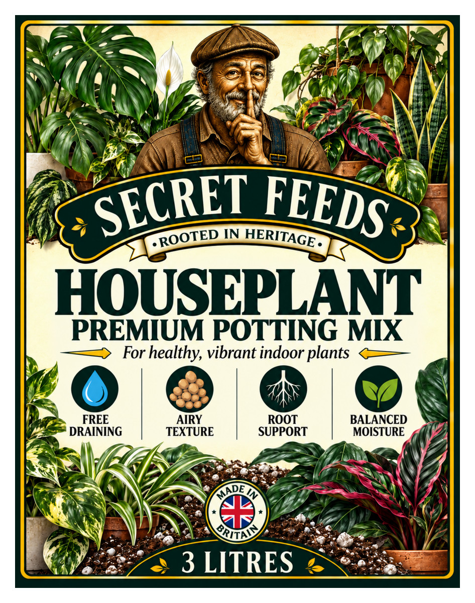 Front label of Secret Feeds Houseplant Premium Potting Mix, 3 litres