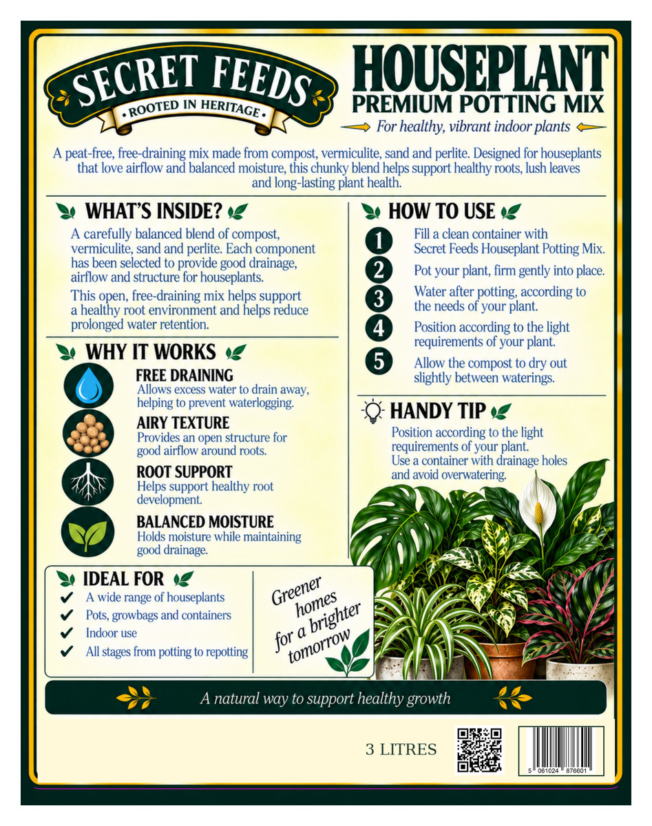 Secret Feeds Houseplant Soil 3 Litre pouch, rear label with directions