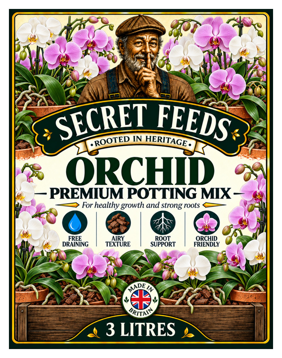 Front label of Secret Feeds Orchid Potting Mix, 3 litres