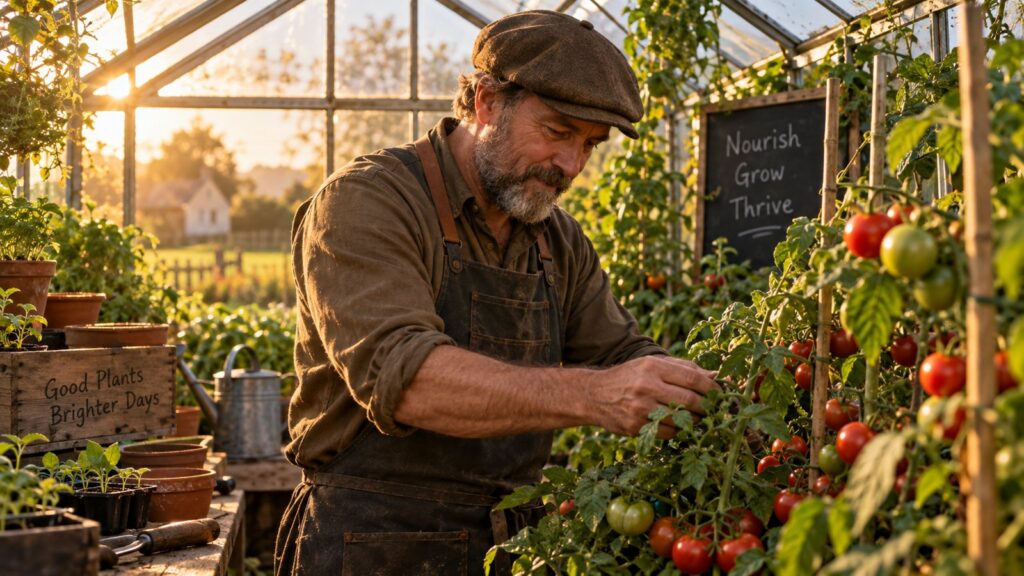The Grower in his flat cap, tending tomato plants in a sunlit greenhouse