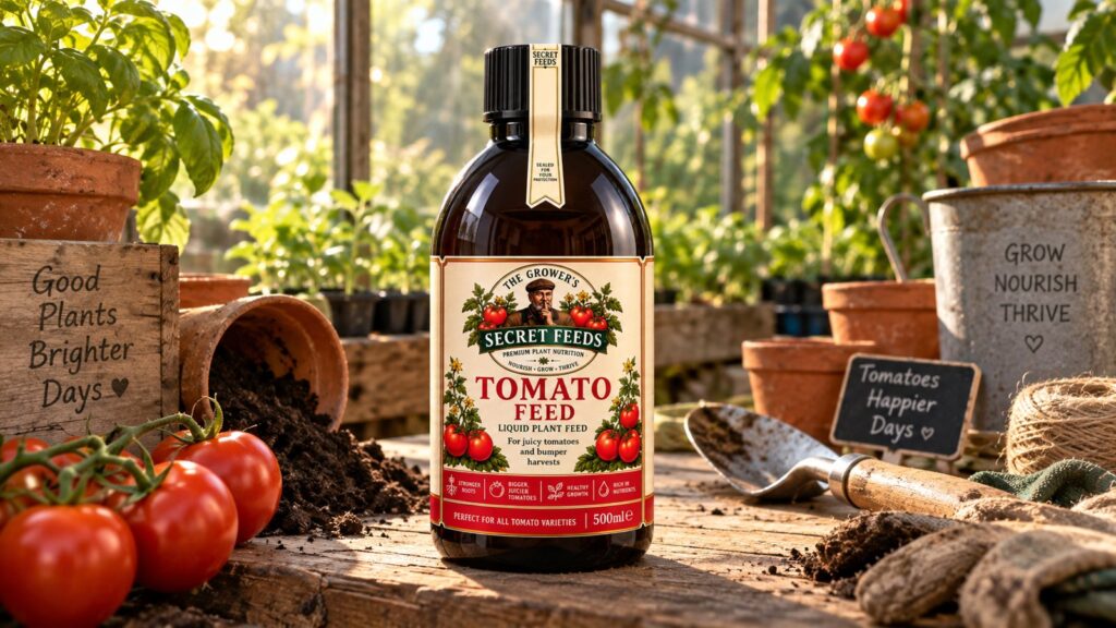 A bottle of Secret Feeds Tomato Feed on a potting bench beside ripe tomatoes