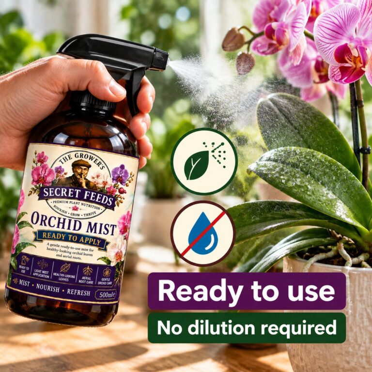 A hand misting orchids with Secret Feeds Orchid Mist, labelled Ready to use, No dilution required