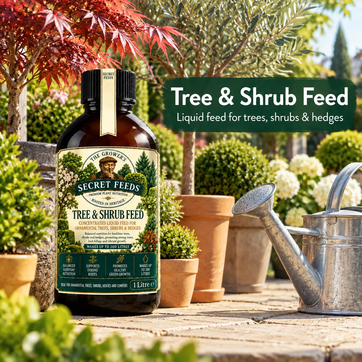 Secret Feeds Tree & Shrub Feed 1 Litre – in use